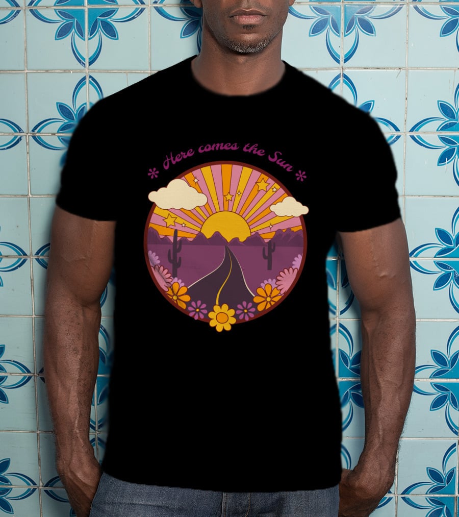 Here Comes The Sun Groovy Sunburst Desert Road With Flowers And Stars T-Shirt