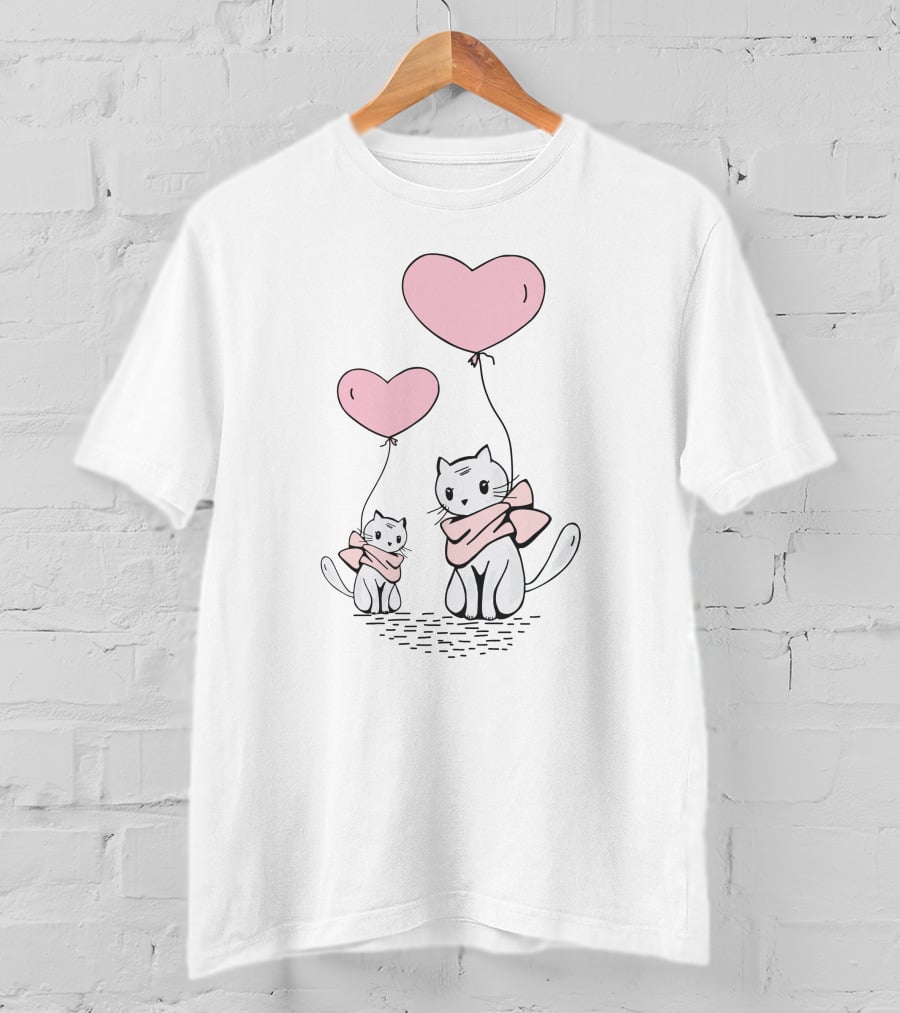 Cute Cat Mom And Daughter With Heart Balloons T-Shirt