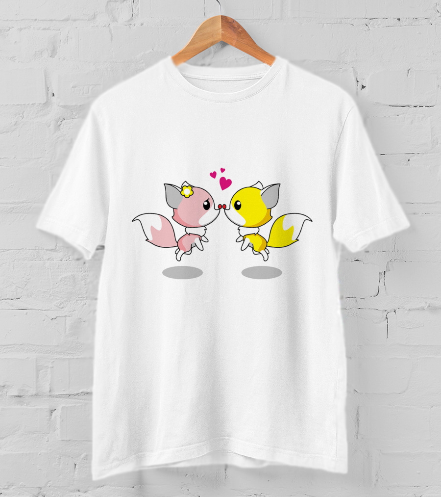 Cute Foxes In Love Kissing Hearts Blossom Yellow Pink Foxes T-Shirt