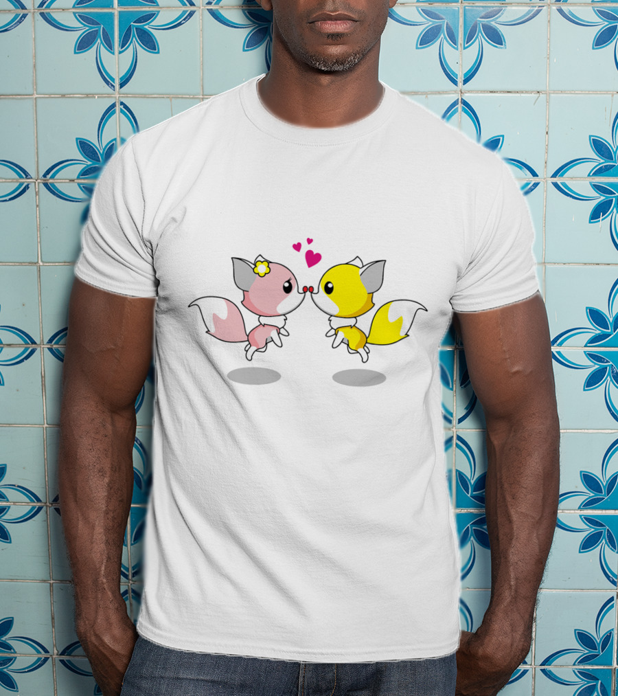 Cute Foxes In Love Kissing Hearts Blossom Yellow Pink Foxes T-Shirt