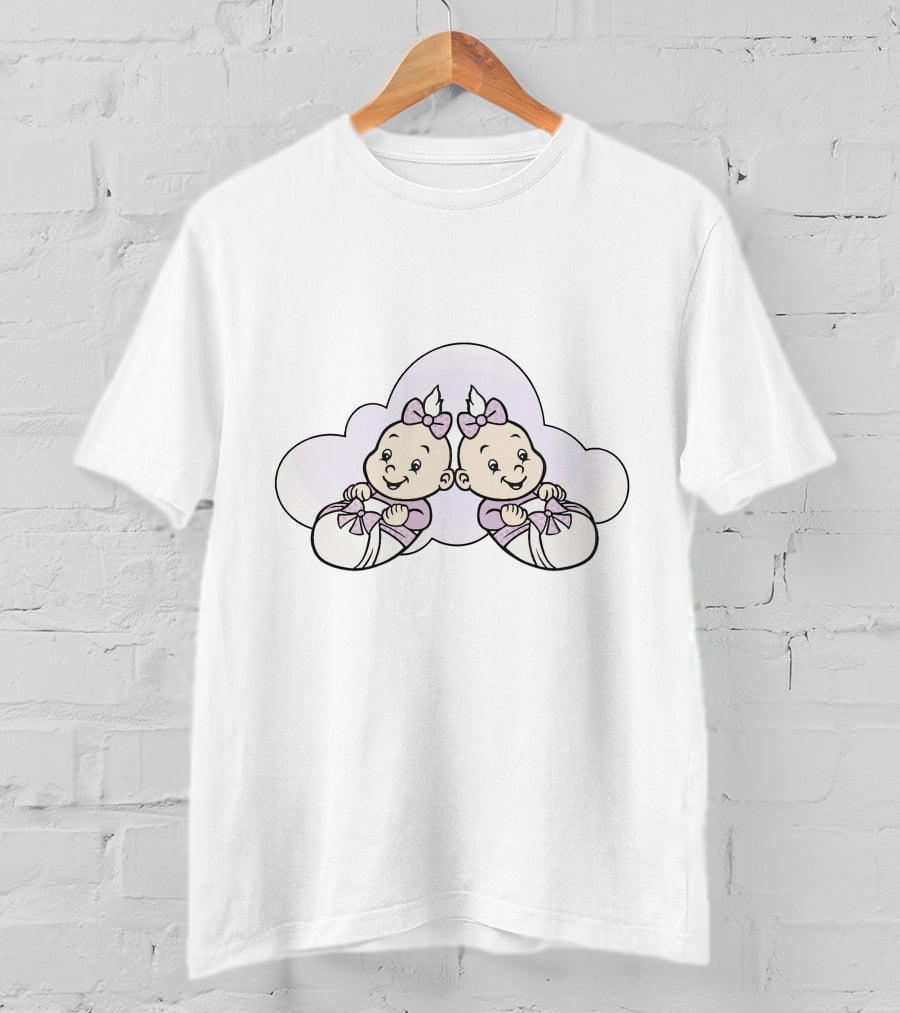 Cute Twin Babies With Pink Bows In Soft Cloud T-Shirt