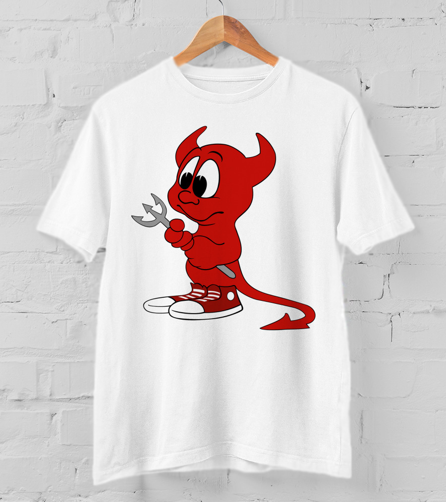 Devil In Sneakers Holding Pitch Fork Cartoon T-Shirt