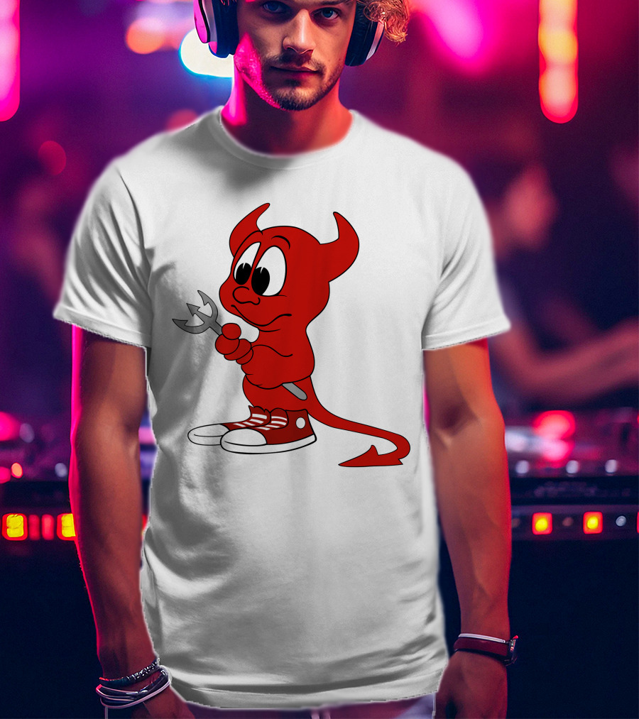 Devil In Sneakers Holding Pitch Fork Cartoon T-Shirt