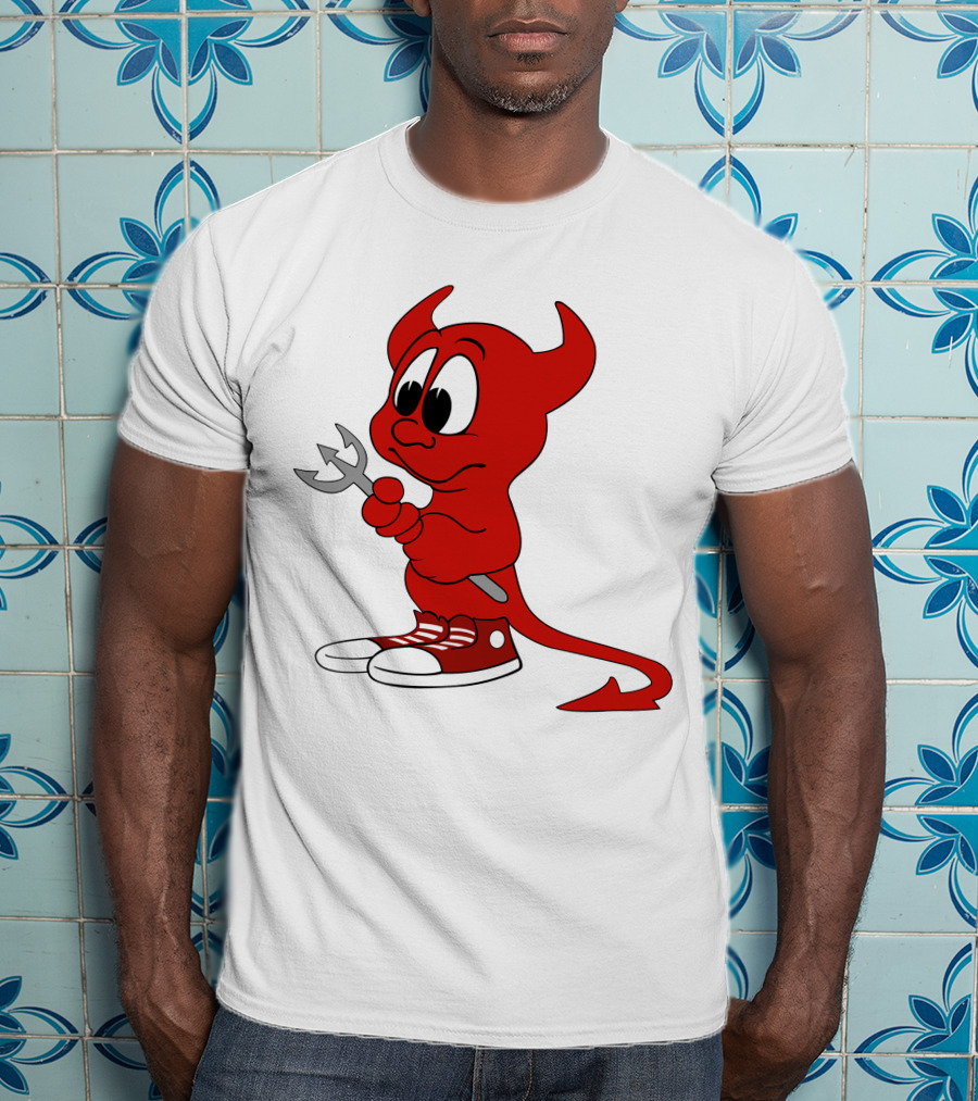 Devil In Sneakers Holding Pitch Fork Cartoon T-Shirt