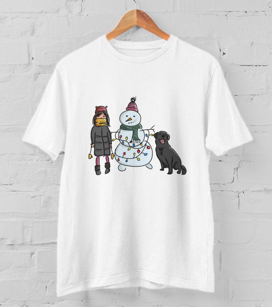Girl With Yellow Scarf, Dog, And Snowman With Christmas Lights T-Shirt