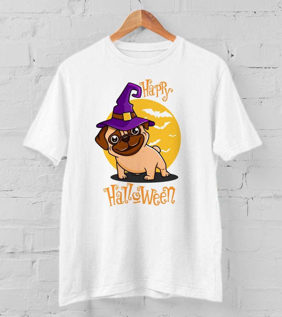 Happy Halloween Dog Witch Hat Full Moon Bats T-Shirt