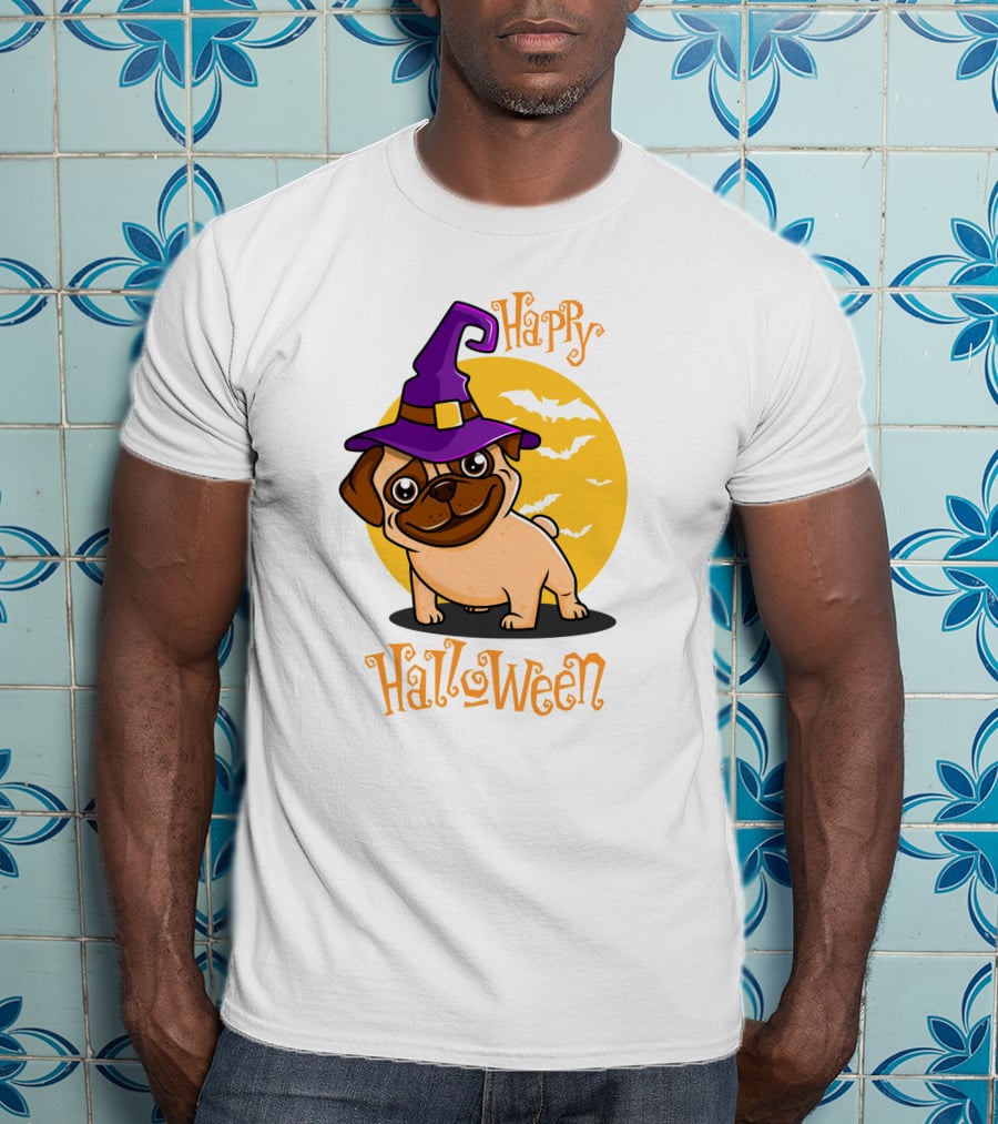 Happy Halloween Dog Witch Hat Full Moon Bats T-Shirt