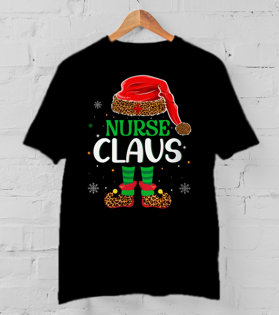 Nurse Claus Christmas Santa Hat Leopard Print Snowflakes T-Shirt
