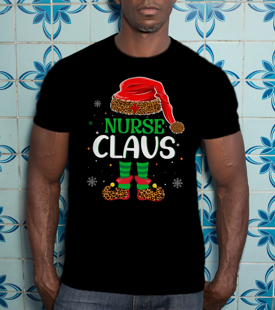 Nurse Claus Christmas Santa Hat Leopard Print Snowflakes T-Shirt
