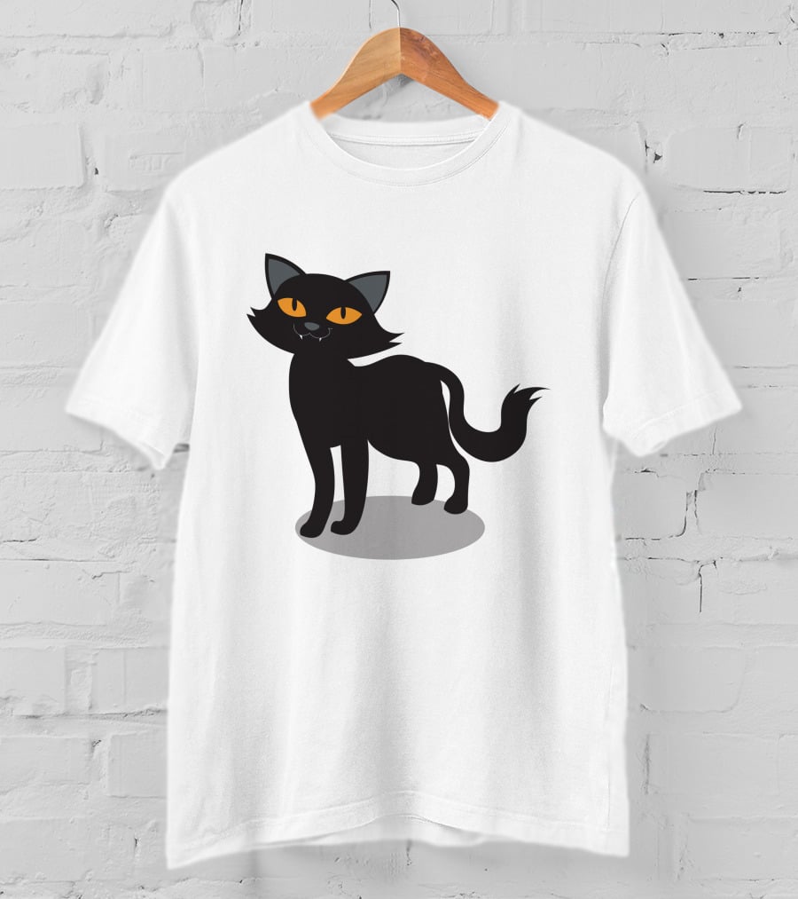 Cartoon Black Cat Illustration With Orange Eyes And Shadow T-Shirt