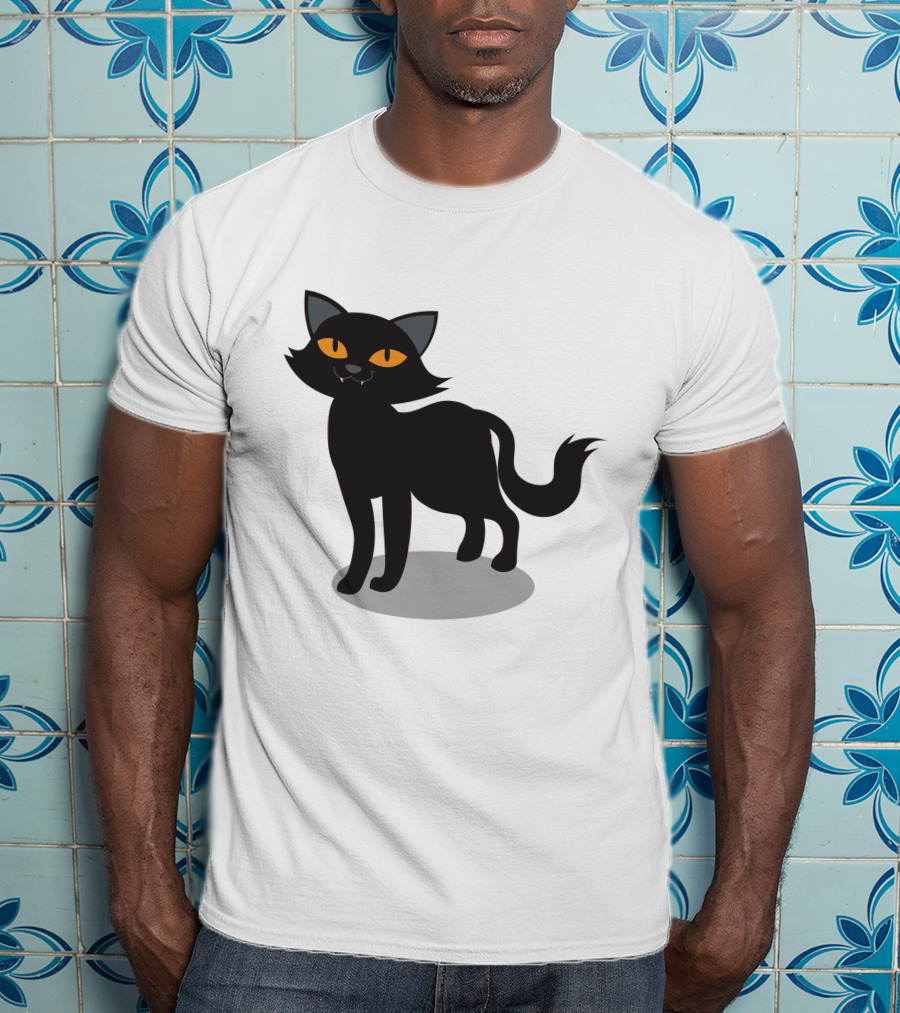 Cartoon Black Cat Illustration With Orange Eyes And Shadow T-Shirt