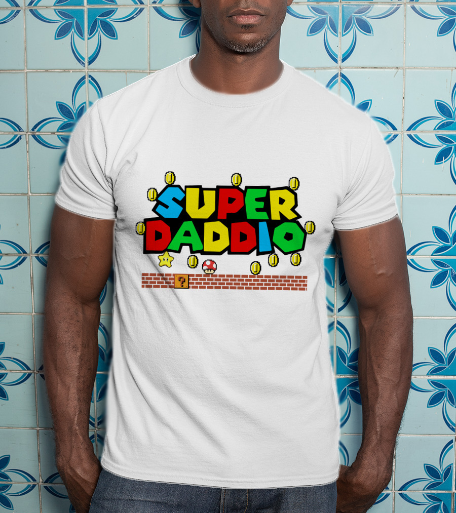 Fathers Day Super Daddio Nintendo Mario Parody Coins Bricks Star T-Shirt