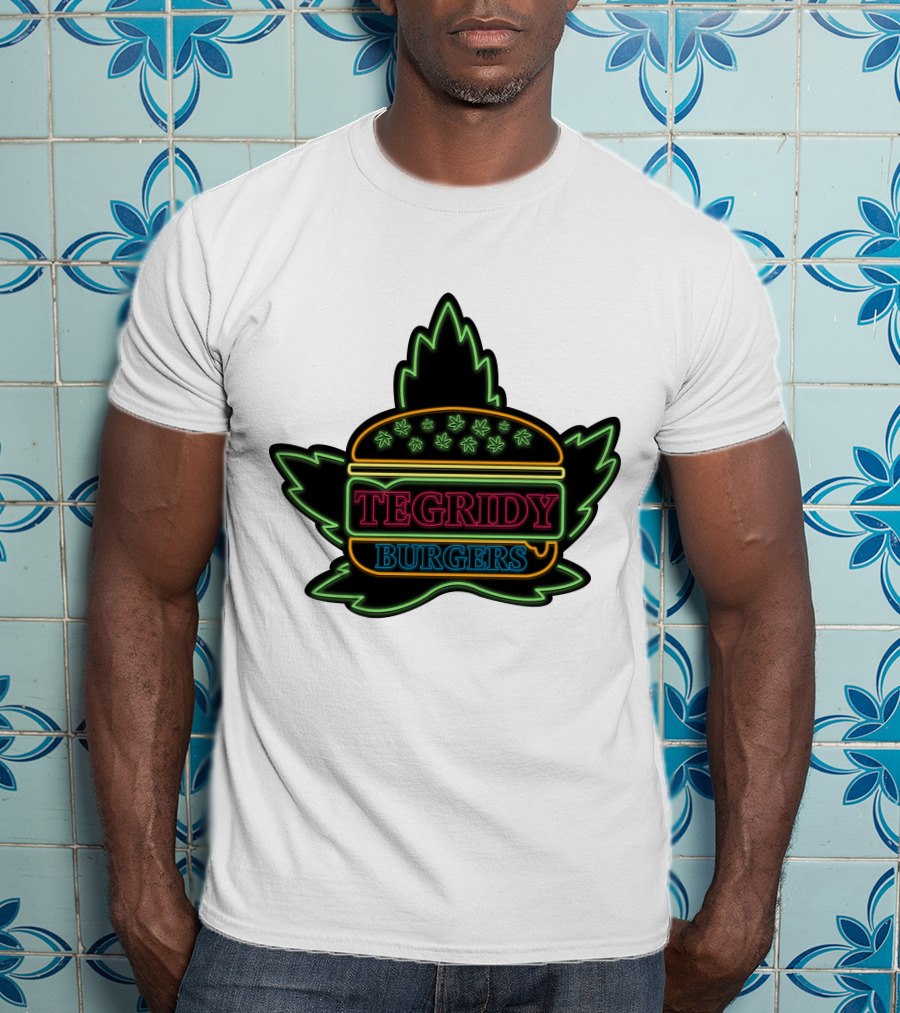 Tegridy Burgers Neon Sign With Leaf And Burger Outline T-Shirt