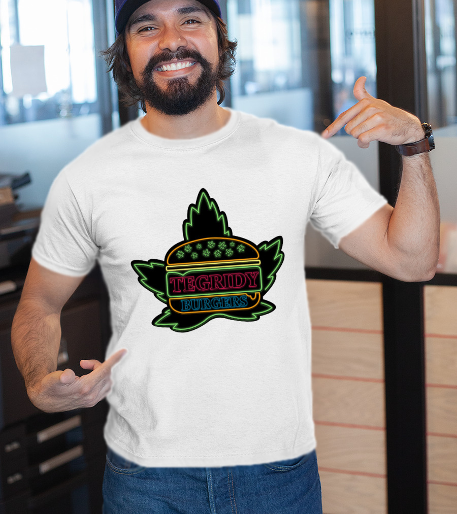 Tegridy Burgers Neon Sign With Leaf And Burger Outline T-Shirt