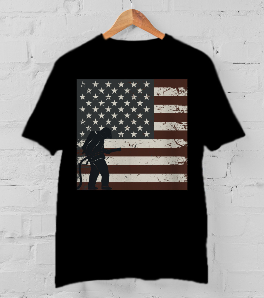 Fireman Silhouette Distressed American Flag T-Shirt