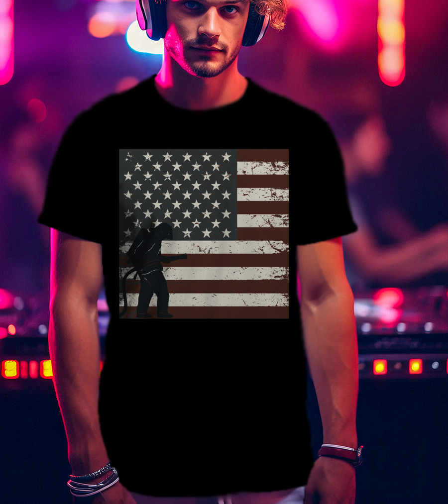 Fireman Silhouette Distressed American Flag T-Shirt