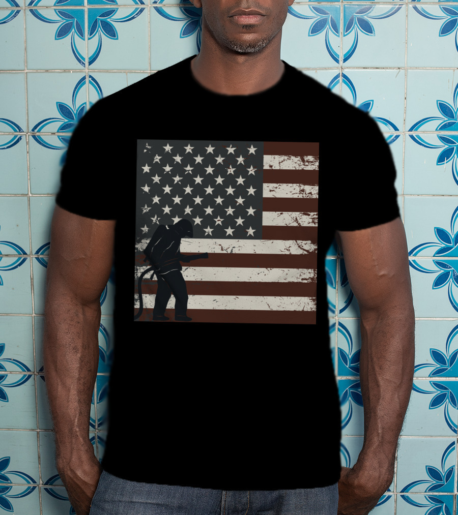 Fireman Silhouette Distressed American Flag T-Shirt