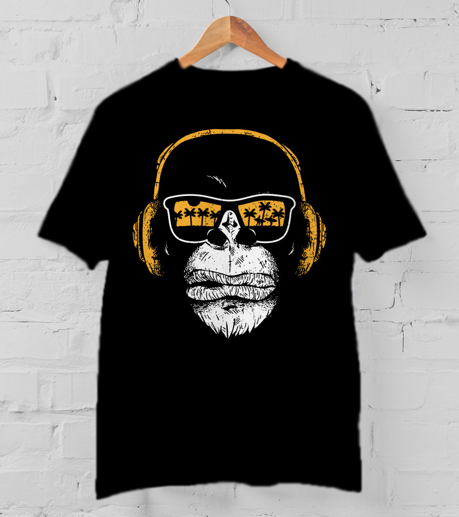 Monkey With DJ Headphones Sunglasses Palm Trees T-Shirt