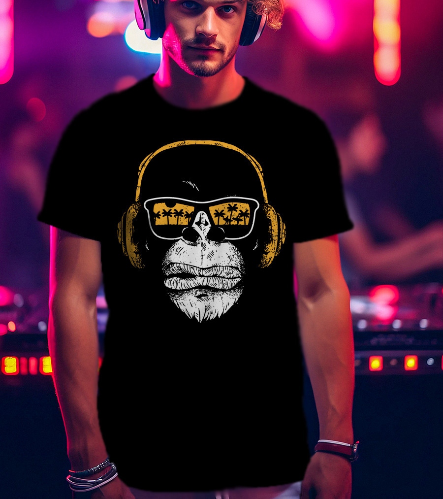 Monkey With DJ Headphones Sunglasses Palm Trees T-Shirt