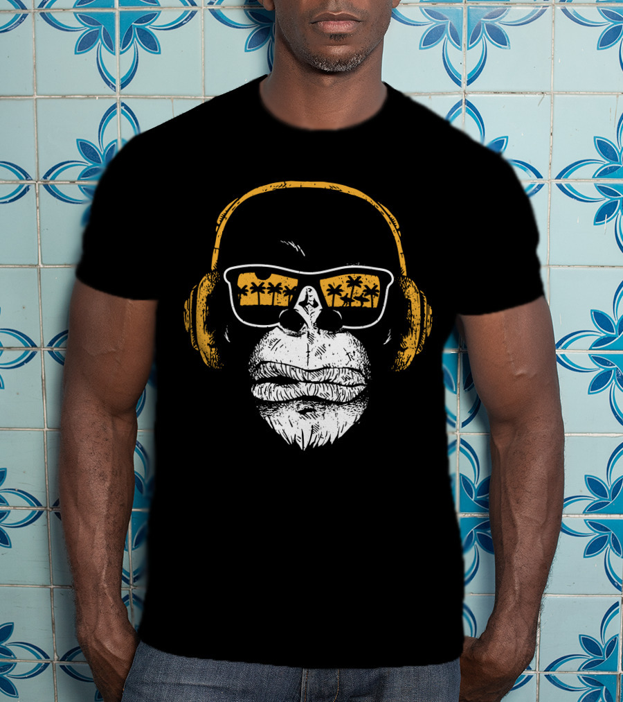 Monkey With DJ Headphones Sunglasses Palm Trees T-Shirt
