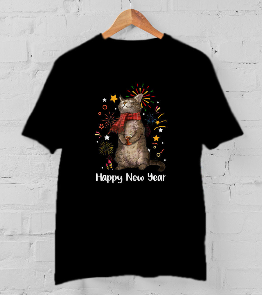 Happy New Year Cat With Fireworks And Stars T-Shirt