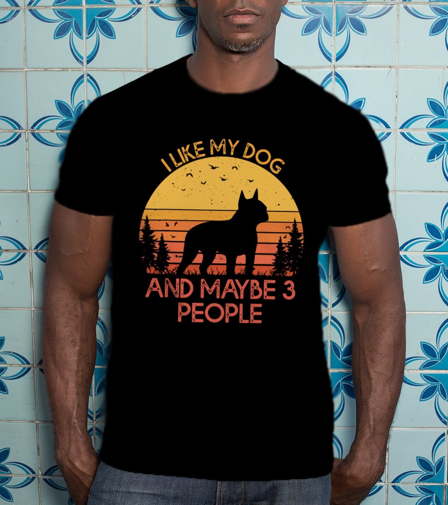 I Like My Dog And Maybe 3 People Sunset Silhouette With Trees And Birds T-Shirt