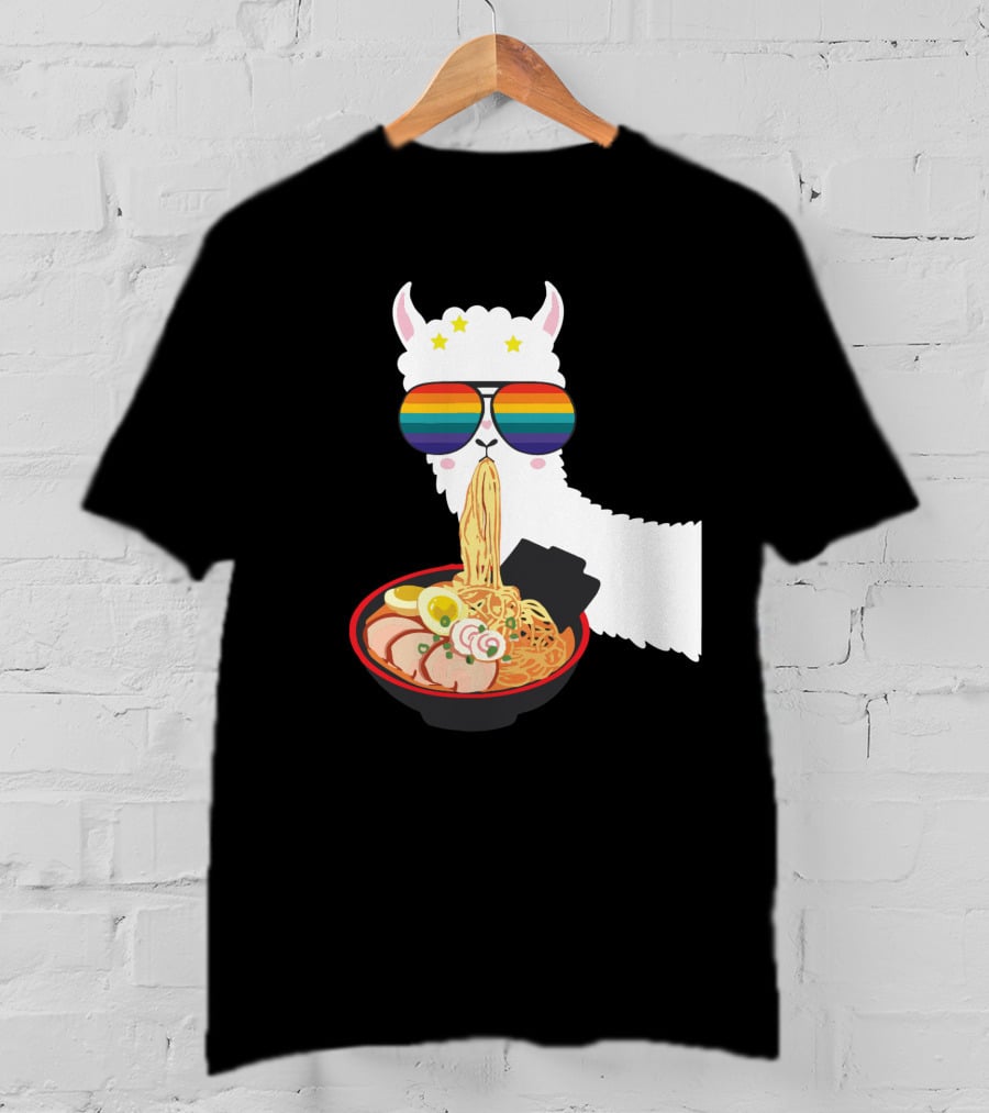 Rainbow Sunglasses LLama Eating Ramen Japanese Anime T-Shirt