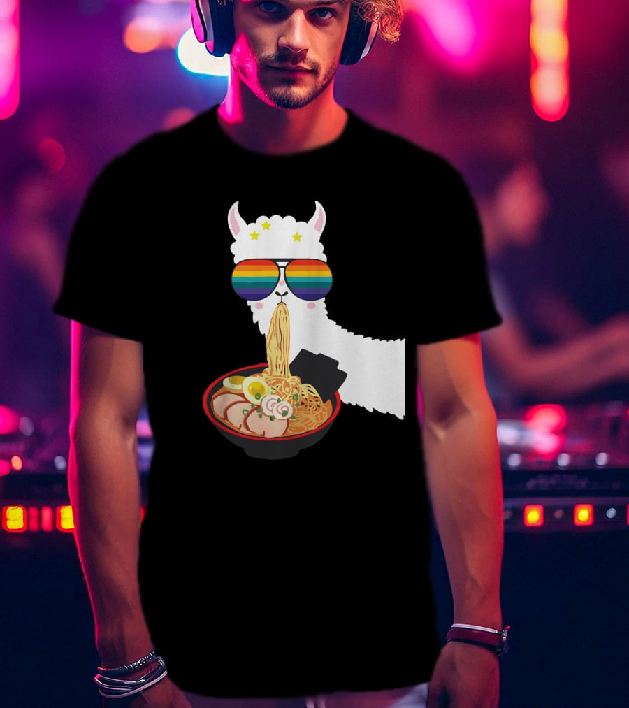 Rainbow Sunglasses LLama Eating Ramen Japanese Anime T-Shirt