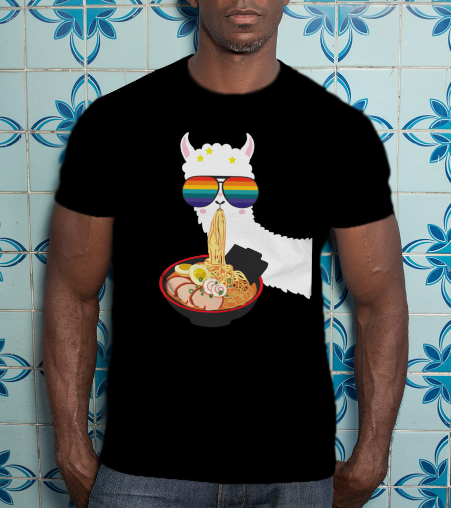 Rainbow Sunglasses LLama Eating Ramen Japanese Anime T-Shirt
