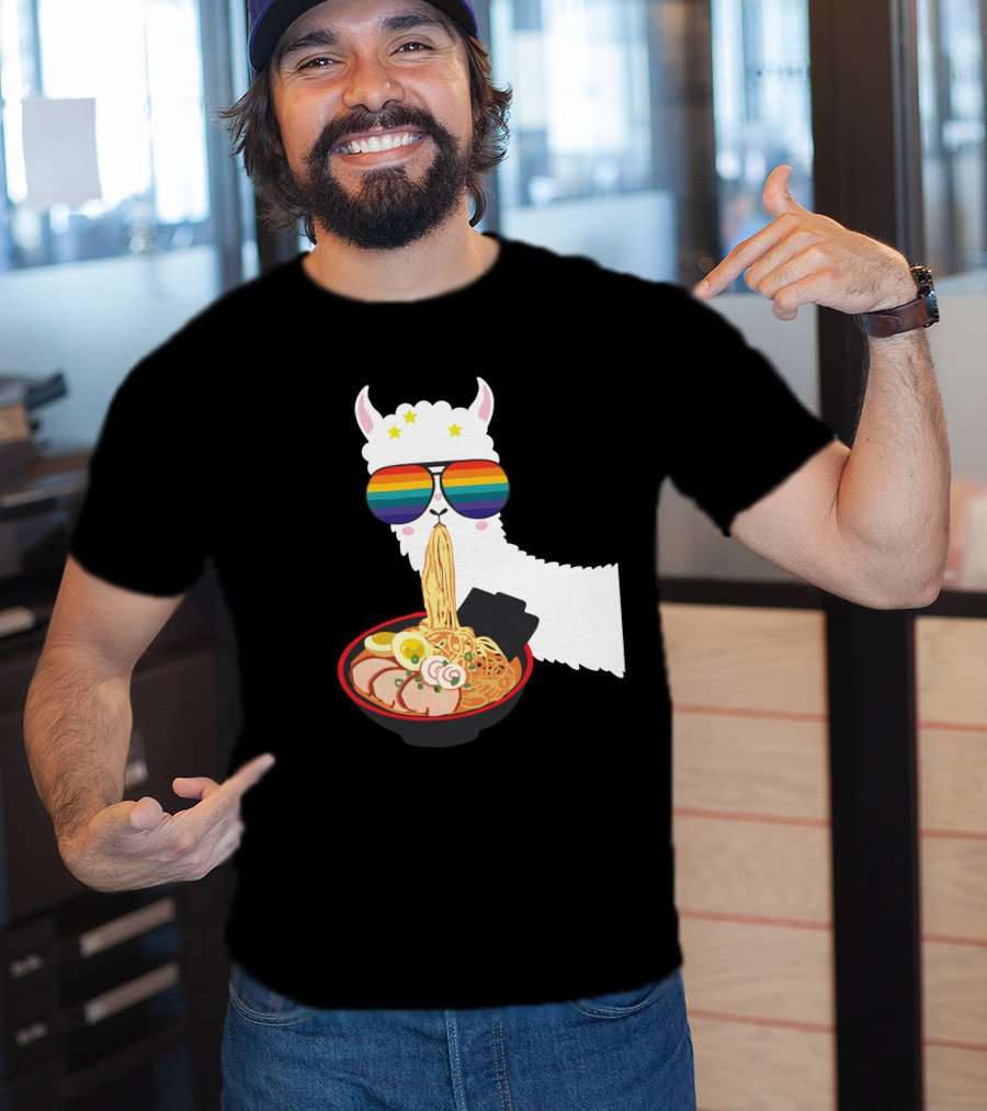 Rainbow Sunglasses LLama Eating Ramen Japanese Anime T-Shirt