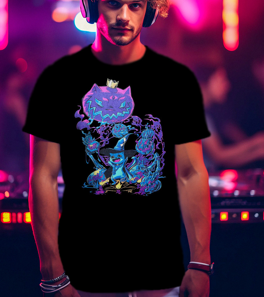LIRIK HALLOWEEN Cat Wizard With Crown And Glowing Pumpkins T-Shirt