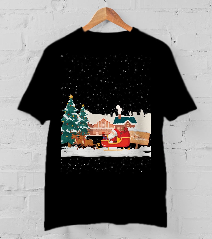 Merry Christmas Santa Claus Reindeer Sleigh Winter Scene T-Shirt