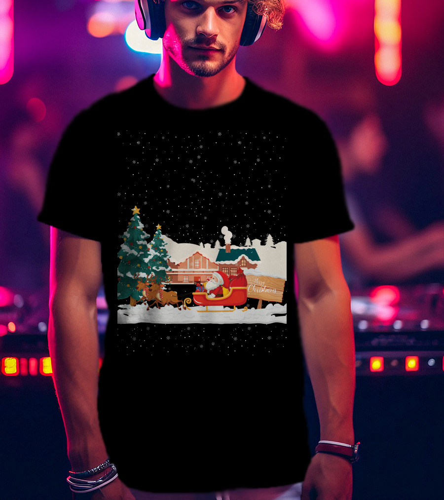 Merry Christmas Santa Claus Reindeer Sleigh Winter Scene T-Shirt