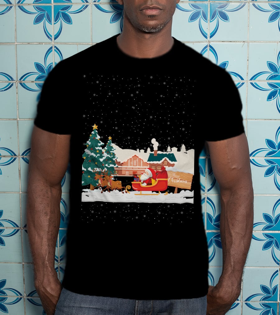 Merry Christmas Santa Claus Reindeer Sleigh Winter Scene T-Shirt
