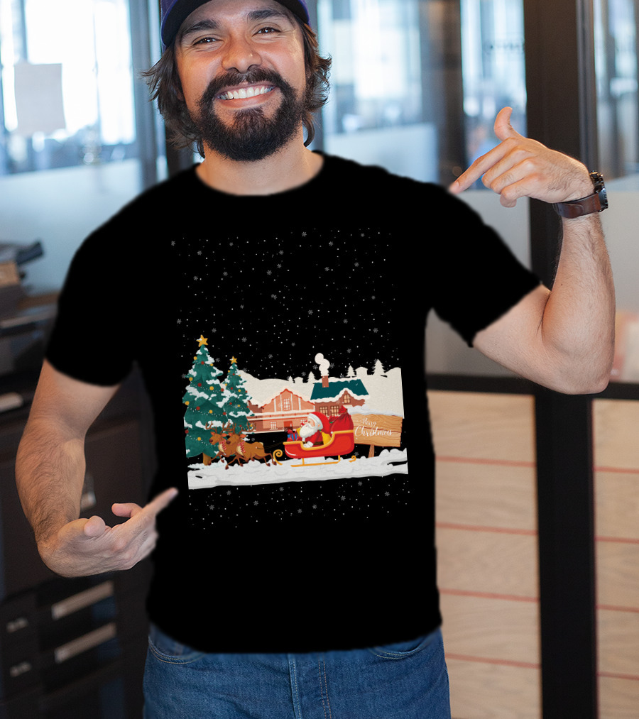 Merry Christmas Santa Claus Reindeer Sleigh Winter Scene T-Shirt