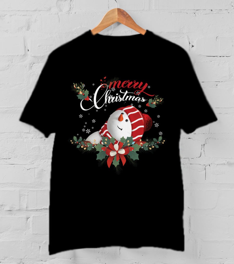 Merry Christmas Snowman With Holly And Snowflakes T-Shirt