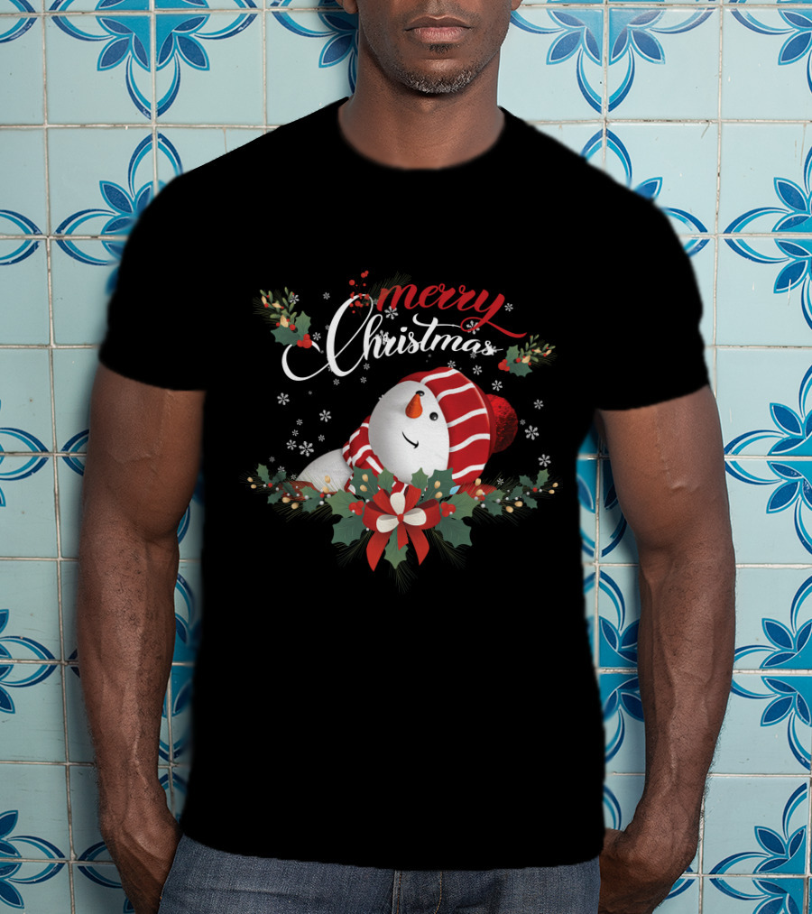Merry Christmas Snowman With Holly And Snowflakes T-Shirt