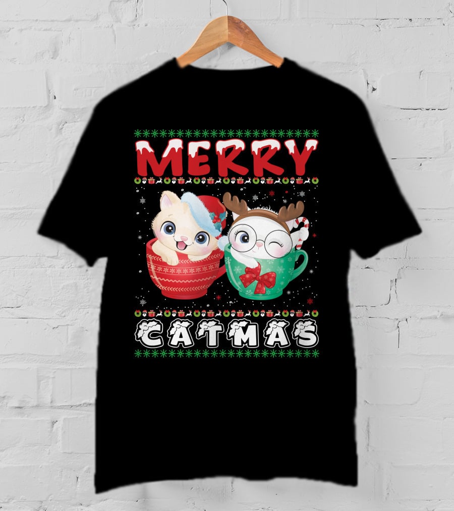 Merry Catmas With Festive Cats In Holiday Mugs T-Shirt