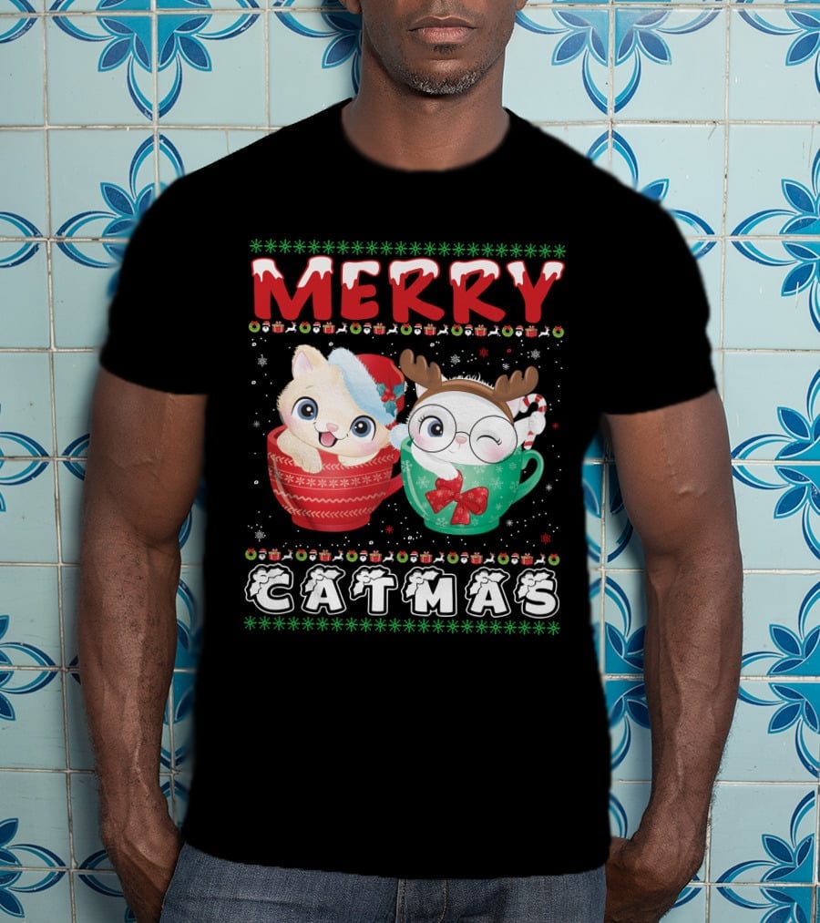 Merry Catmas With Festive Cats In Holiday Mugs T-Shirt