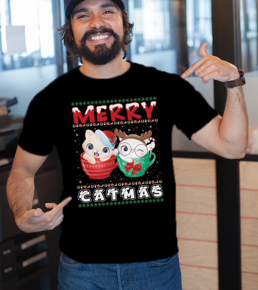 Merry Catmas With Festive Cats In Holiday Mugs T-Shirt