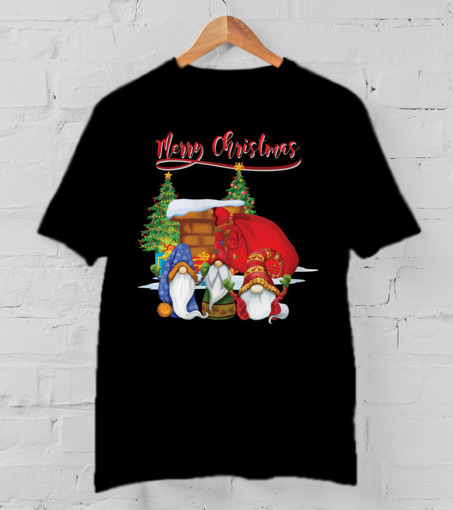 Merry Christmas Funny Gnomes With Santa's Sack And Festive Trees T-Shirt