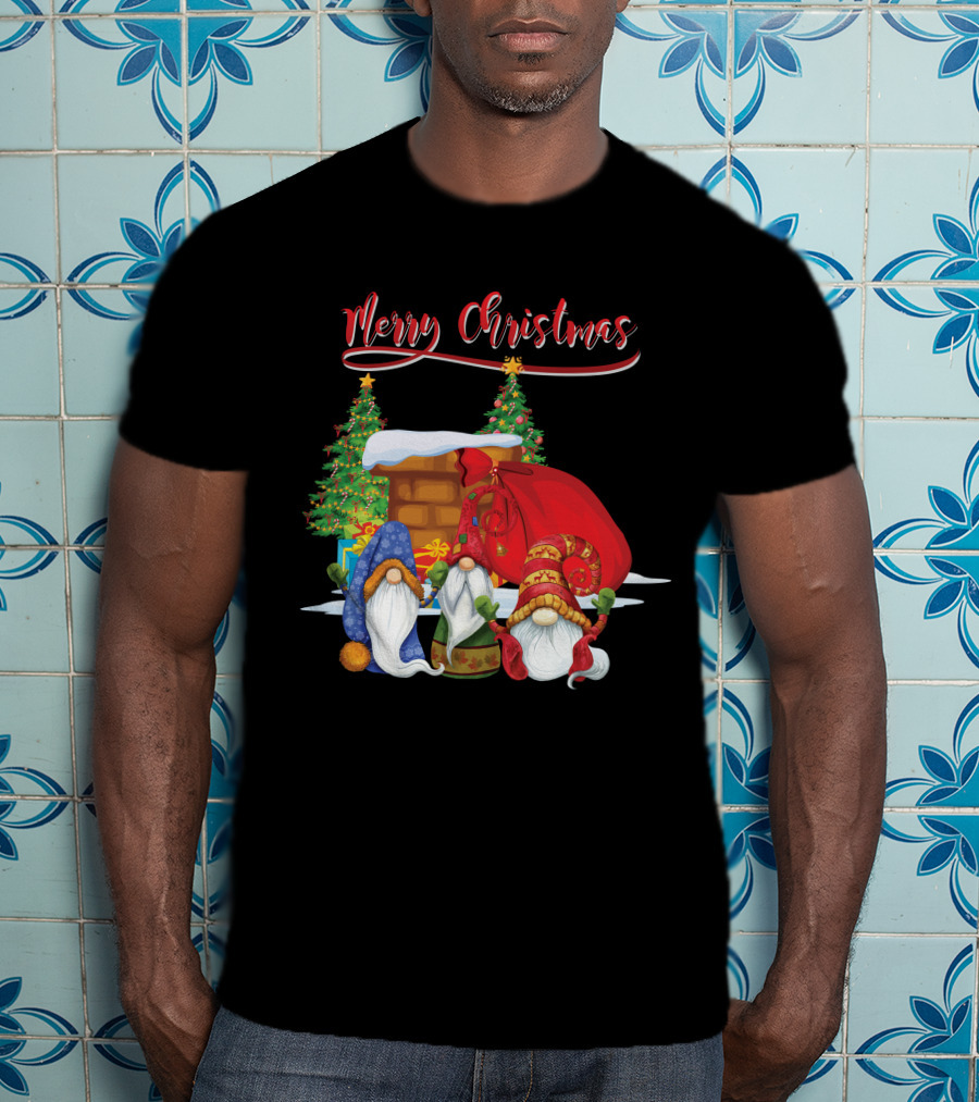 Merry Christmas Funny Gnomes With Santa's Sack And Festive Trees T-Shirt
