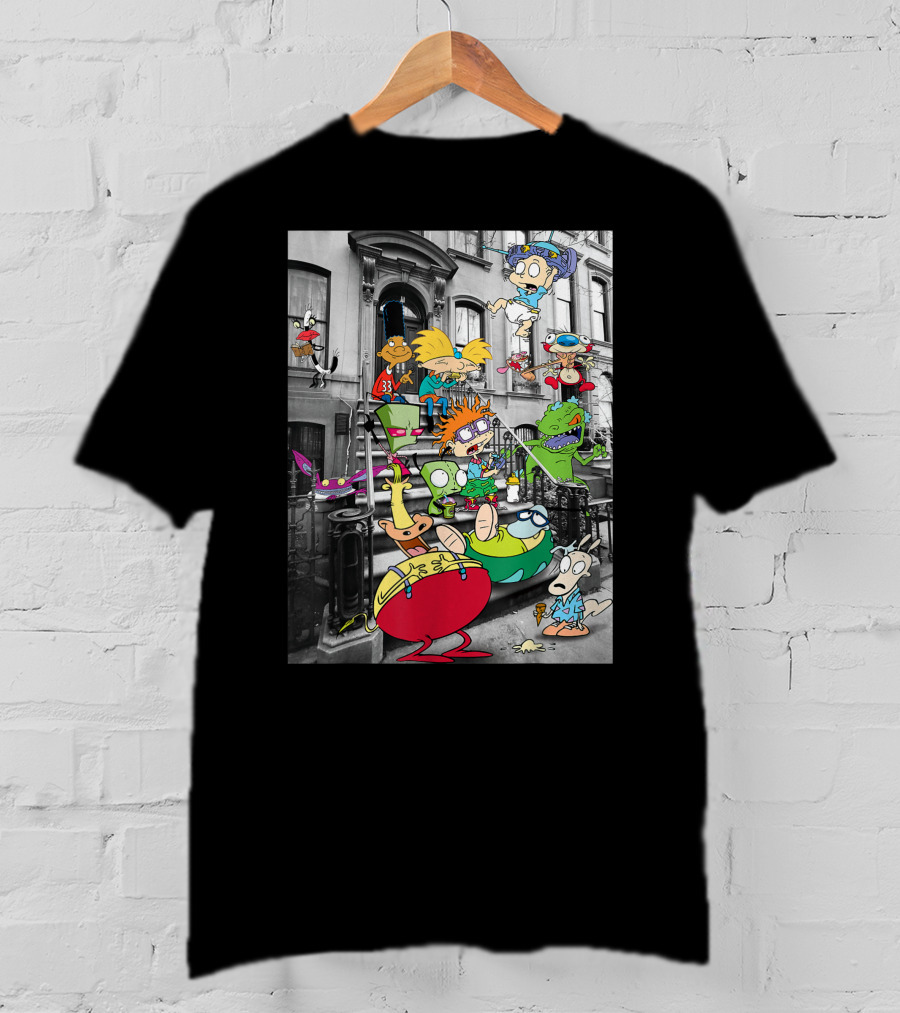 Classic Nicktoons Characters Sitting On Stoop Together In Black-and-White Background Scene T-Shirt