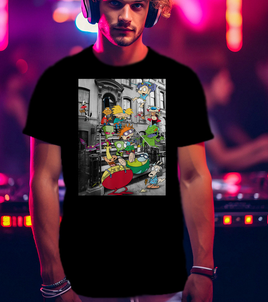 Classic Nicktoons Characters Sitting On Stoop Together In Black-and-White Background Scene T-Shirt