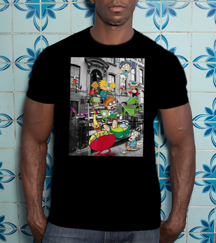 Classic Nicktoons Characters Sitting On Stoop Together In Black-and-White Background Scene T-Shirt