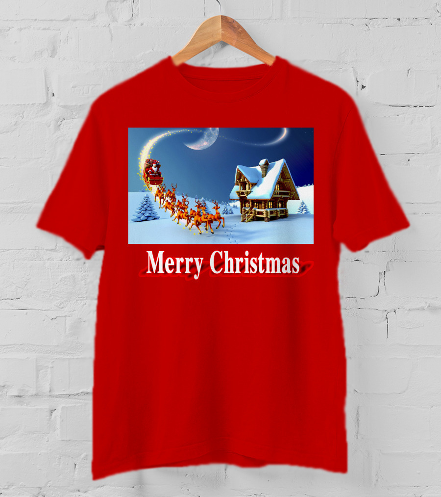 Merry Christmas Santa Sleigh Flying Over Snowy Cabin Scene T-Shirt