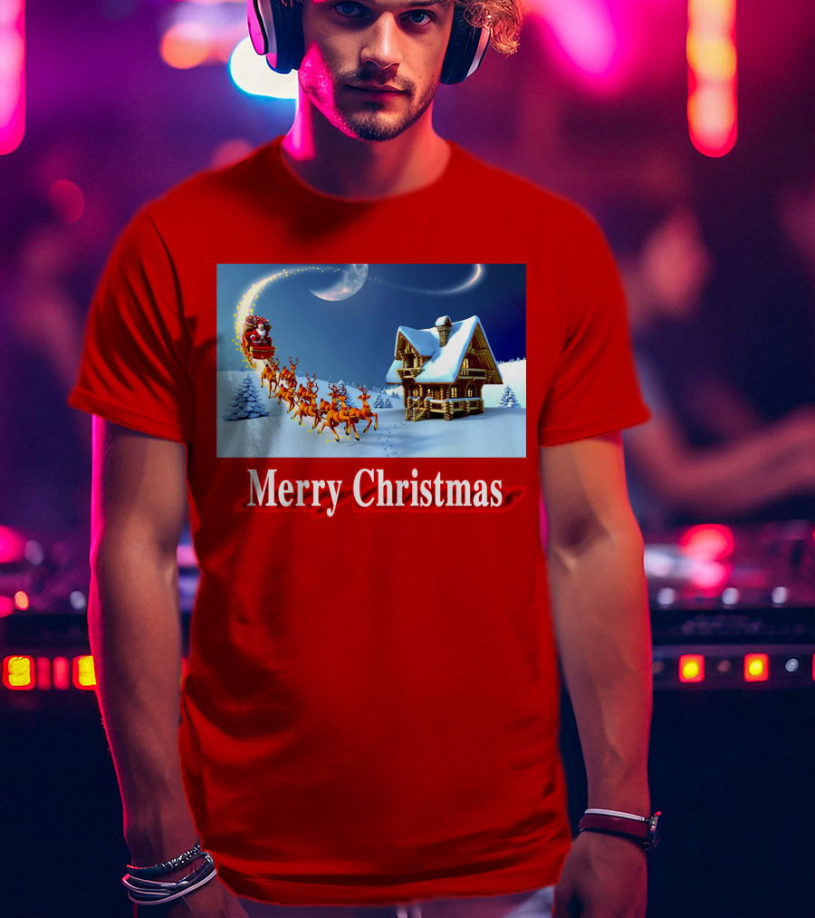 Merry Christmas Santa Sleigh Flying Over Snowy Cabin Scene T-Shirt