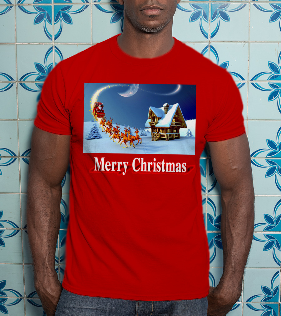 Merry Christmas Santa Sleigh Flying Over Snowy Cabin Scene T-Shirt