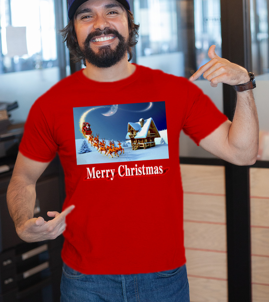 Merry Christmas Santa Sleigh Flying Over Snowy Cabin Scene T-Shirt