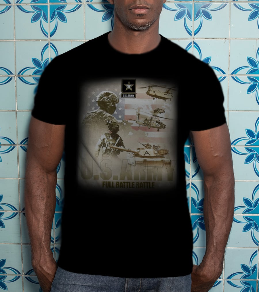 U.S. Army Full Battle Rattle Helicopters Tanks Flag T-Shirt